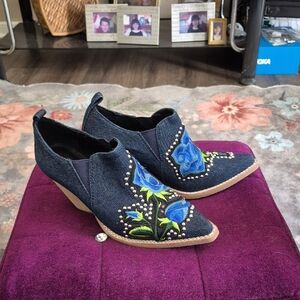 Jeffrey Campbell Dark Denim Ankle Boots with Blue Floral Embroidery